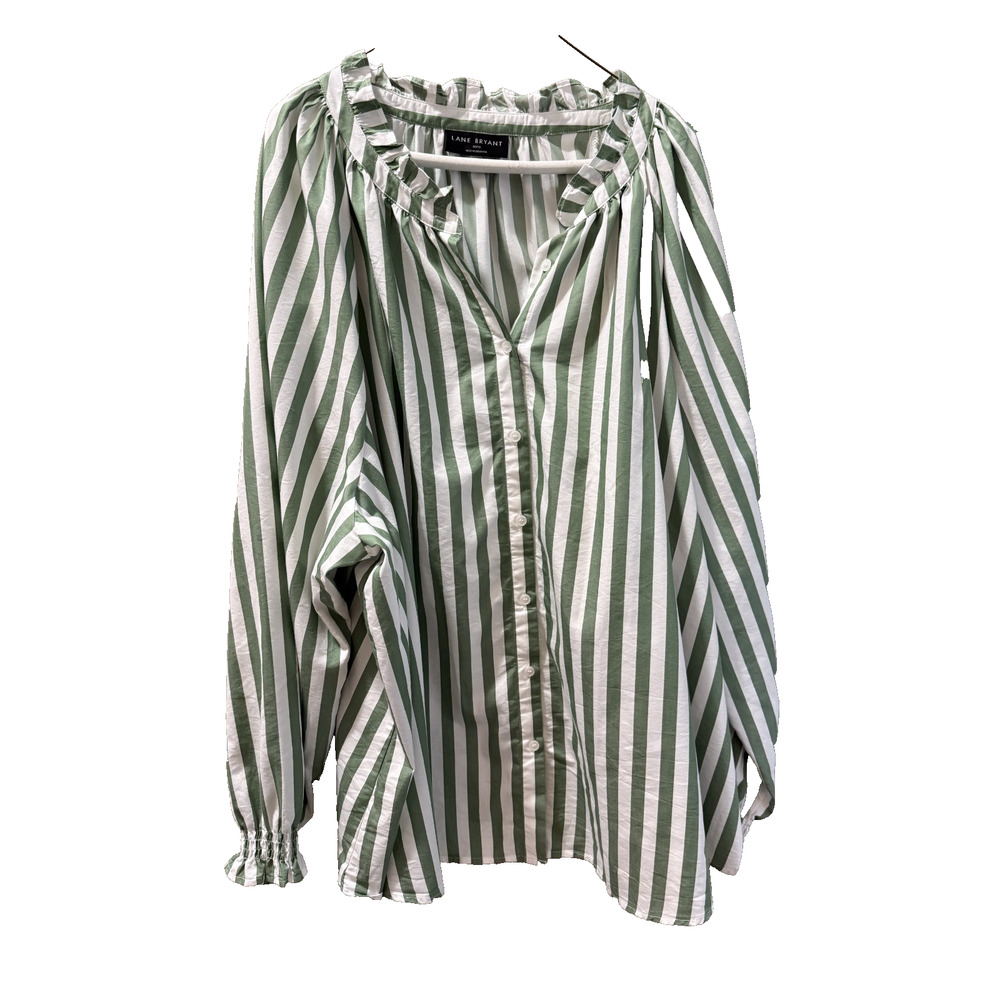 Lane Bryant Women's Tunic Blouse Size 30/32 Green/Wht Stripe Cotton Blnd Cottage